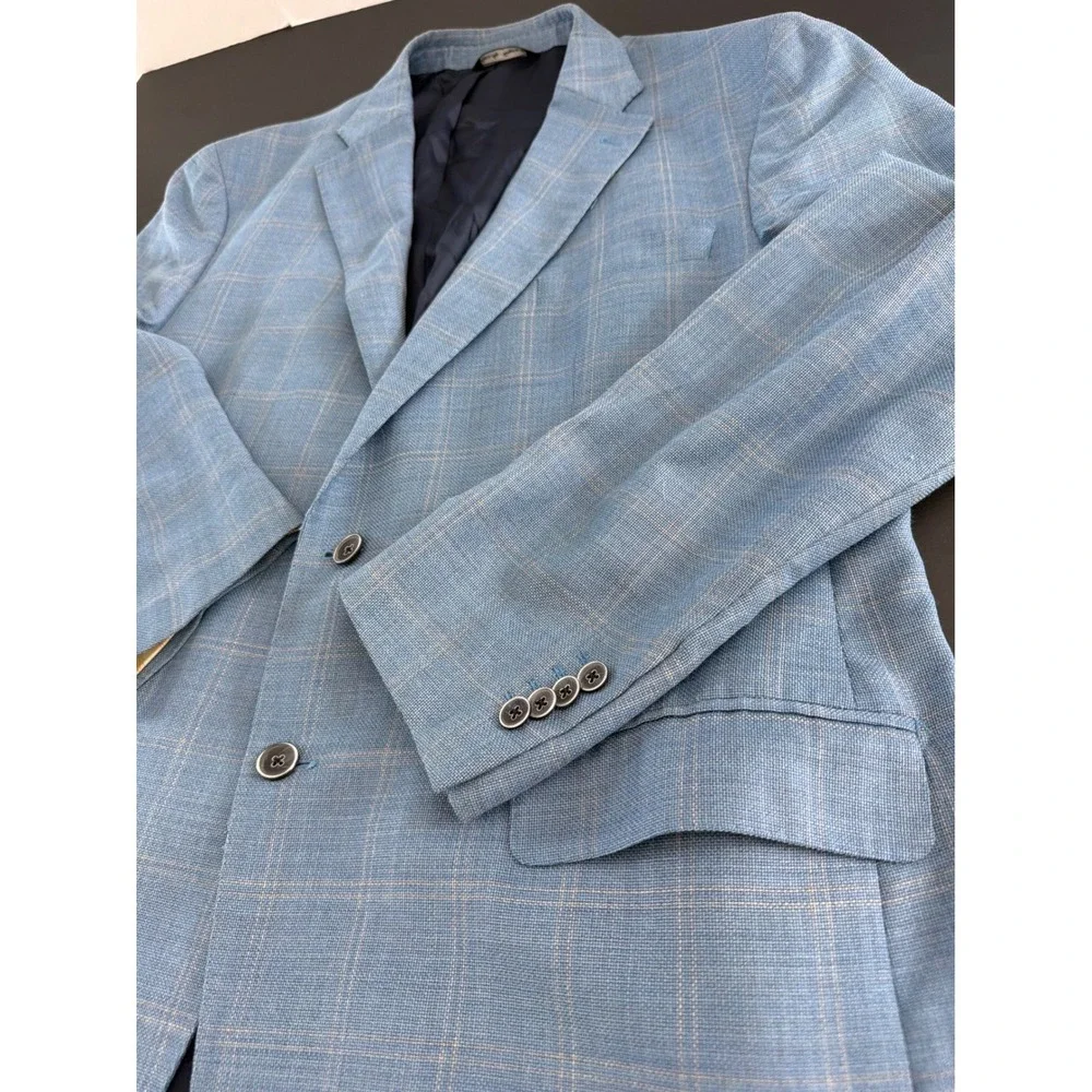 Ermenegildo Zegna Mens Blue Plaid Wool Silk Blazer Sport Coat Made in Italy 46L